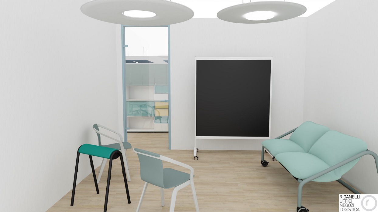 Riganelli progettazione uffici spazi comuni area relax divanetti lavagna e pannelli acustici